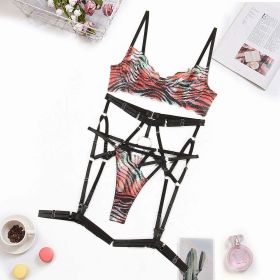 Sexy Lingerie Suit Color Pattern Tie Dyed Printed Sexy Mesh Split Four Piece Set (size: M)